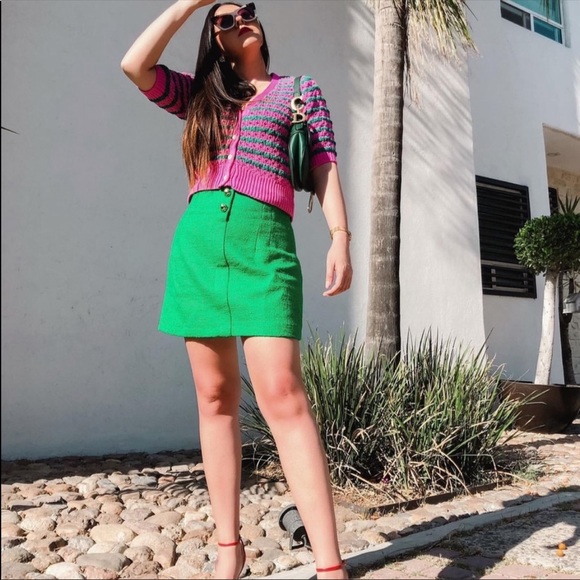 Zara Pink Green Knit Cardigan Sweater 